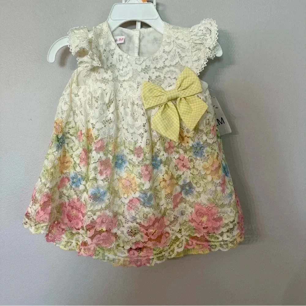 Bonnie Baby Toddler Girl Flutter Sleeve Floral Lace Dress with Shorts Sz 12m NWT